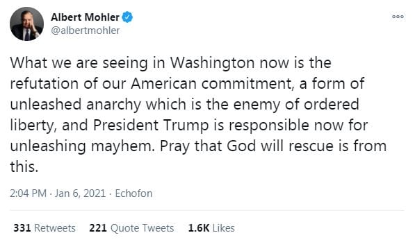 What we are seeing in Washington now is the refutation of our American commitment, a form of unleashed anarchy which is the enemy of ordered liberty, and President Trump is responsible now for unleashing mayhem. Pray that God will rescue is from this.