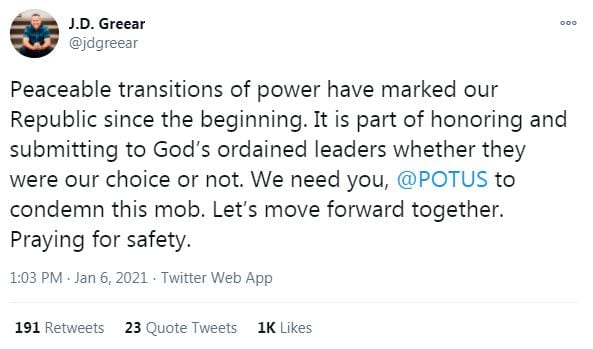 Peaceable transitions of power have marked our Republic since the beginning. It is part of honoring and submitting to God’s ordained leaders whether they were our choice or not. We need you, @POTUS to condemn this mob. Let’s move forward together. Praying for safety.