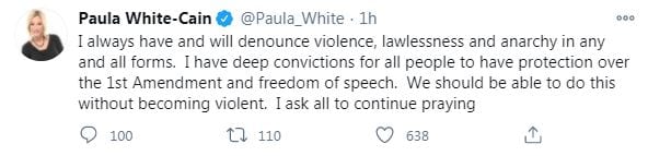 I always have and will denounce violence, lawlessness and anarchy in any and all forms. I have deep convictions for all people to have protection over the 1st Amendment and freedom of speech. We should be able to do this without becoming violent. I ask all to continue praying