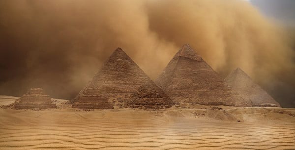 sandstorm around the egyptian pyramids