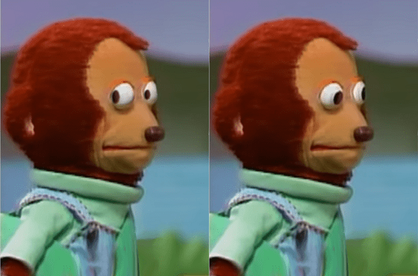 a puppet looks away shiftily