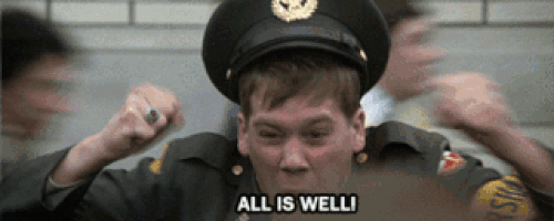 Animal House's Kevin Bacon, frantically yelling "all is well!" to a rampaging mob at the end of the movie