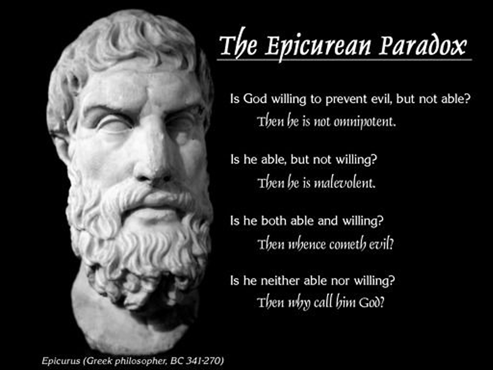 The Epicurean paradox:
Is God willing to prevent evil, but not able? Then he is not omnipotent. 
Is he able, but not willing? Then he is malevolent.
Is he both able and willing? Then whence cometh evil?
Is he neither able nor willing? Then why call him God?

Illustrated by an ancient marble bust of Epicurus and a caption: "Greek philosopher, BC 341-270)"

In speaking of the darker side of divine guidance - a god whose orders seem either nonsensical or coinciding perfectly with the desires of his followers themselves.