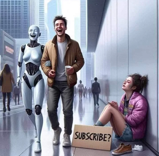 In a futuristic city, a man walks arm in arm with a sex doll android past a woman crying and begging on the streets. The woman sits near a sign reading "Subscribe?" - indicating she is a sex worker with a site like onlyfans.