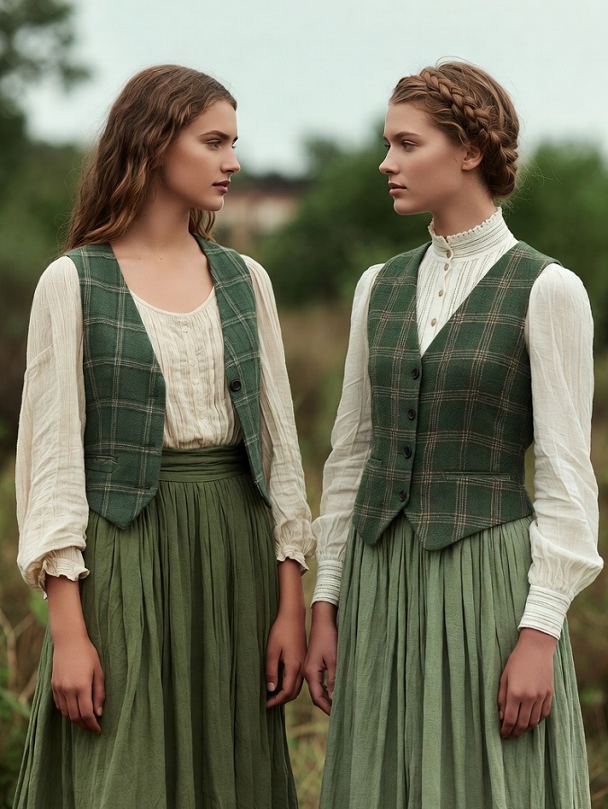 AI-generated picture of two identical women wearing largely identical clothes: full white blouse, green vest, long green skirt. One has a higher-collared shirt, buttoned up vest, and done-up hair. The other's hair is down, her vest is unbuttoned, and her blouse has a scoop neck collar.