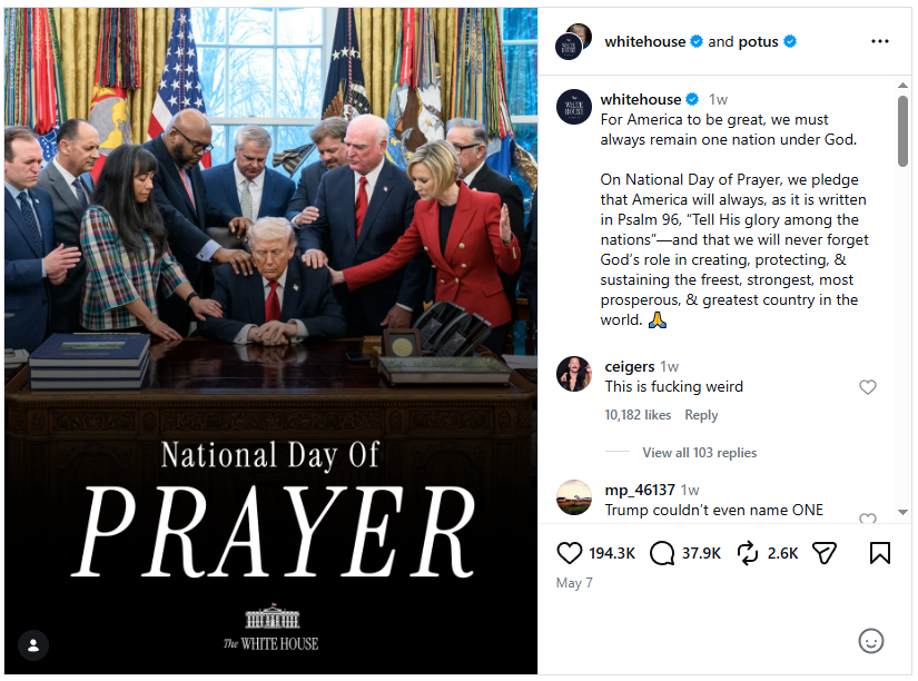 from: https://www.instagram.com/p/DYDYDj7lhSC/
A bunch of fundies pray over a scowling, seated Donald Trump like they're toddlers at a petting zoo crowding around a very grumpy llama.